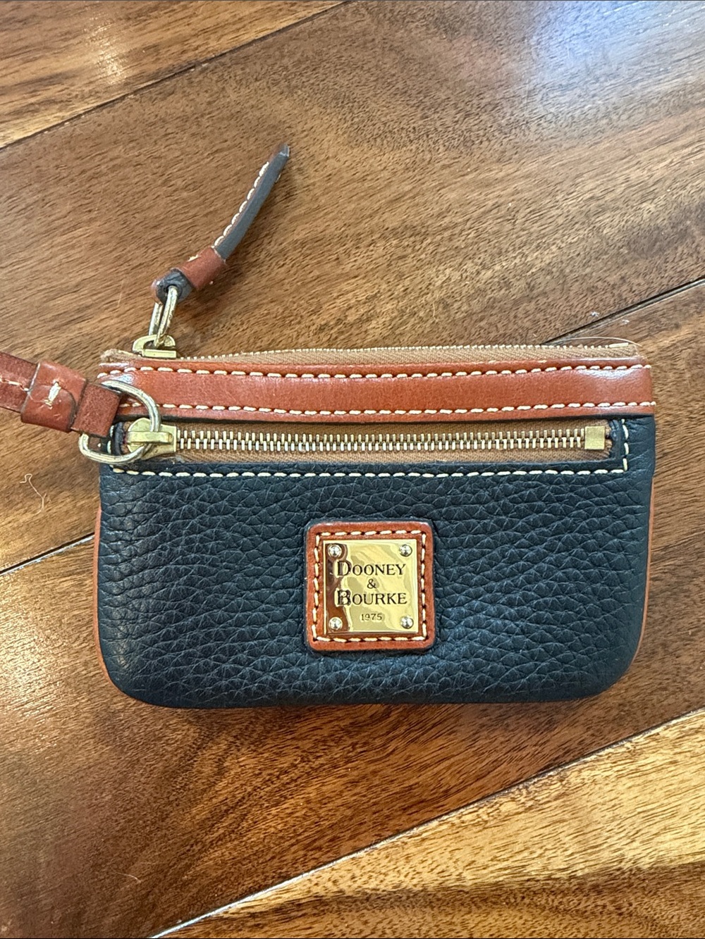 Dooney & Bourke Black Pebbled Leather Card Holder with Brown Trim